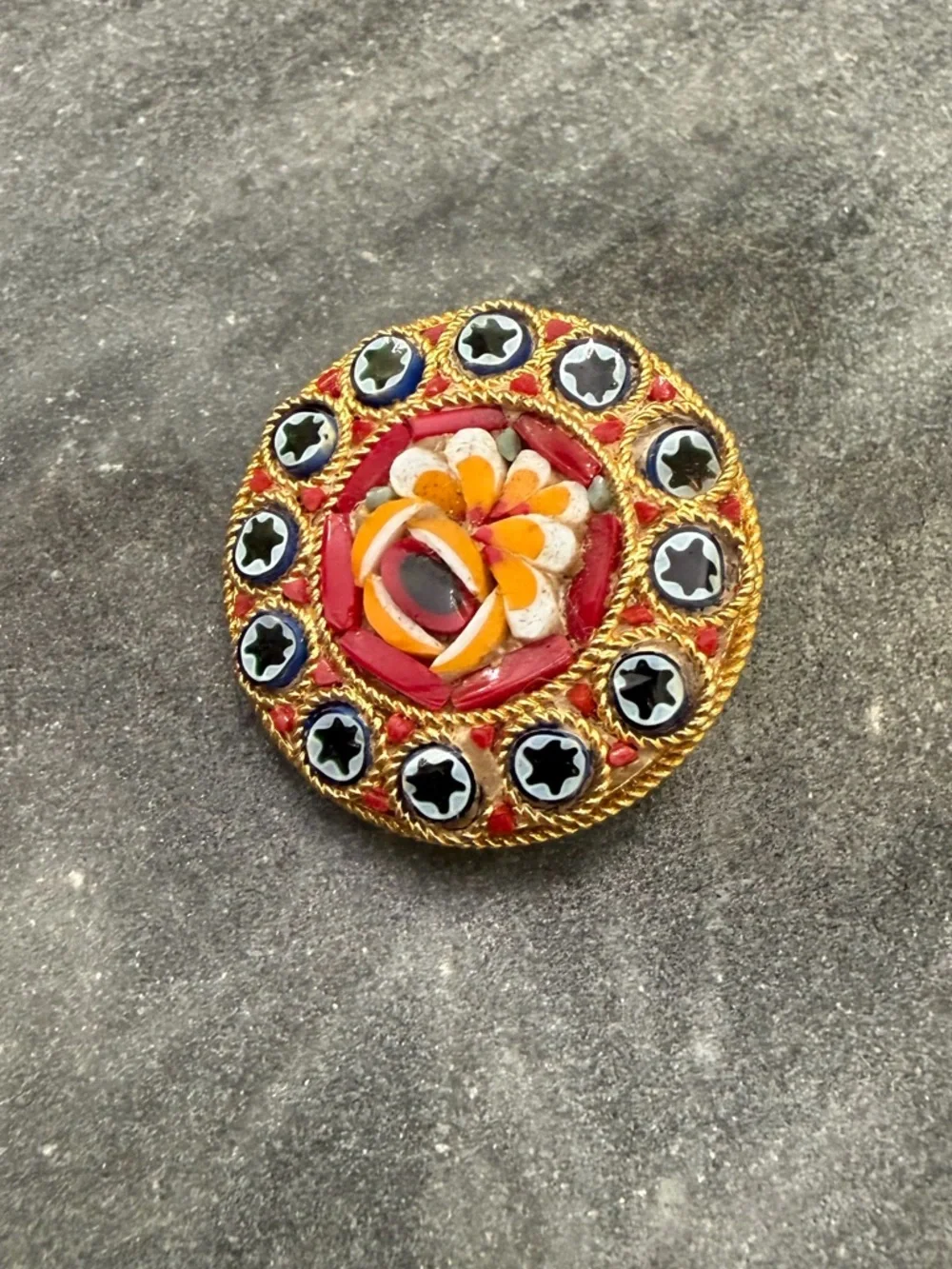 Vintage Gold Red Black Floral Mosaic Brooch